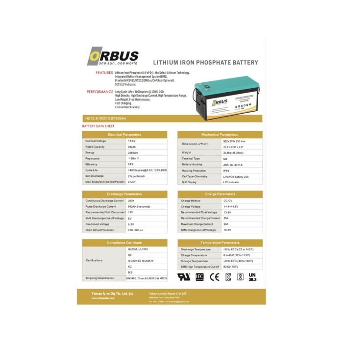 Orbus 12.8 V Volt 200ah Amper Lityum Akü